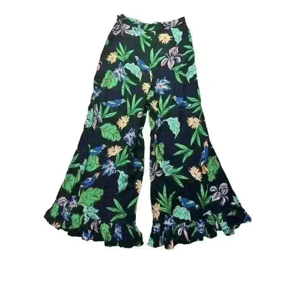 Zara Black Wide Leg Floral Jumpsuit Pants with Green Leaves